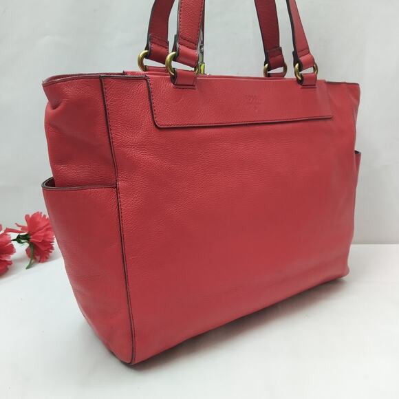Fossil Red Leather Double Handles Zipper Closure Tote Shoulder Bag - Picture 3 of 16